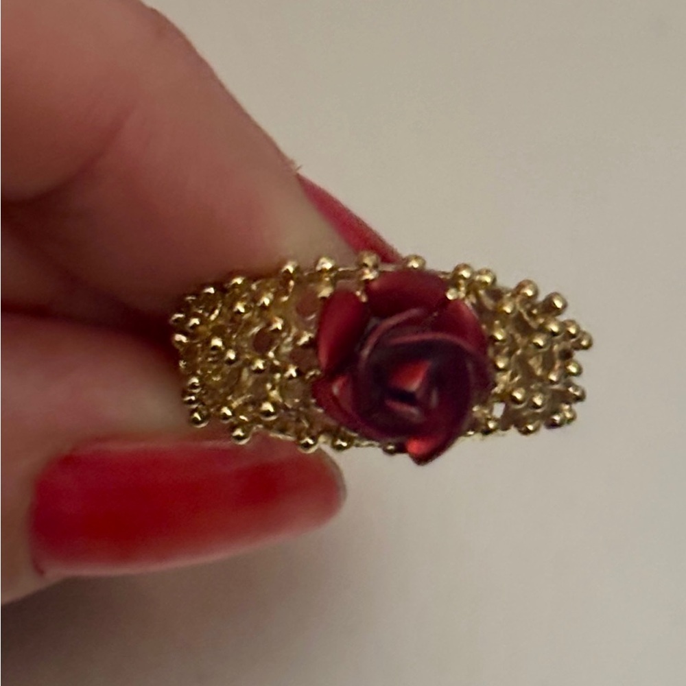 Gold-Tone Floral Rose Ring with Red Enamel Rose